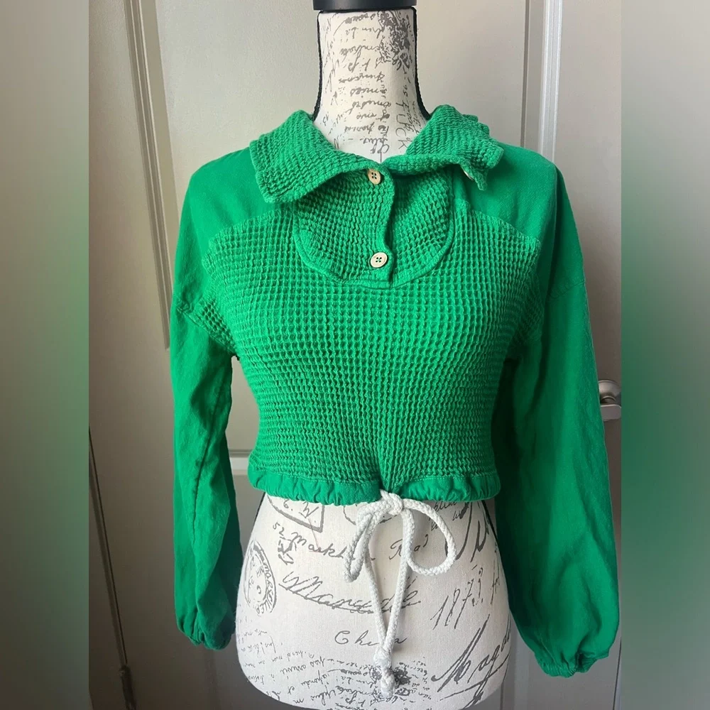 Free People Green Textured Kennedy Cropped Sweatshirt